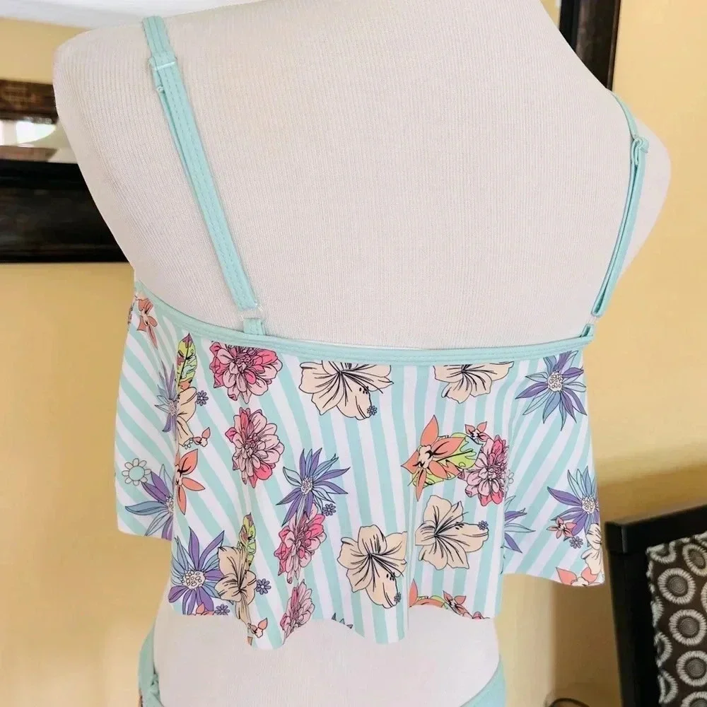 Limeapple Girls Ruffle Square Neck Bikini Swim Set Floral Stripe 16 EUC